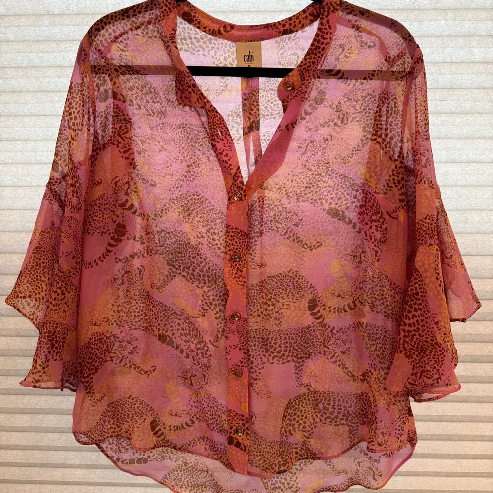 CAbi Pink and Brown Ruffled Blouse with Mandarin Collar